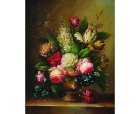 R... Teniers (20th Century) Dutch Style. Still Life with Flowers in a Vase, Oil on Panel, Signed, 10" x 8".