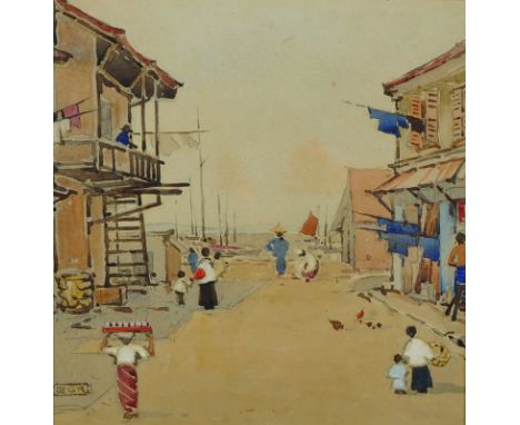 20th Century English School. 'Street Scene, Singapore', Watercolour, Signed with Initials G-R in a Motif and Inscribed, 9" x 