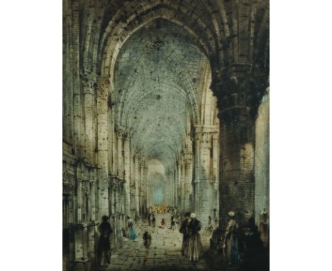 Camille Fonce (1867-   ) French. A Cathedral Interior with Figures, Lithograph, Signed in Pencil, in a Fine Gilt Frame, 17.5"