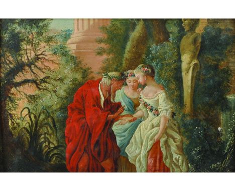 18th Century French School. Figures in a Statued Garden, Oil on Panel, 5.25" x 7.5".