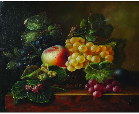 S... Prost (20th Century) Dutch Style. Still Life of Fruit in a Basket, Oil on Panel, Signed, 8" x 10".