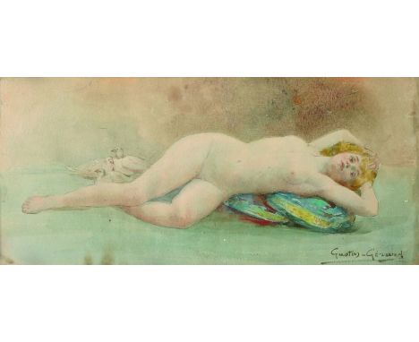 Gaston Gerard (1859-   ) French. A Reclining Nude, Watercolour, Signed, 4.25" x 9.25", together with a portrait of a lady, tw
