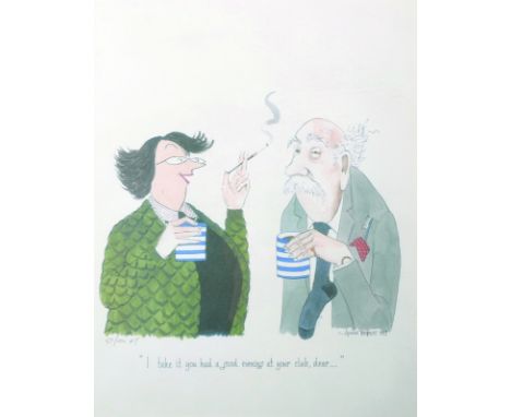 Annie Tempest (1959-   ) British. "I take it you had a good evening at your club, dear", lithograph, Signed with Initials and