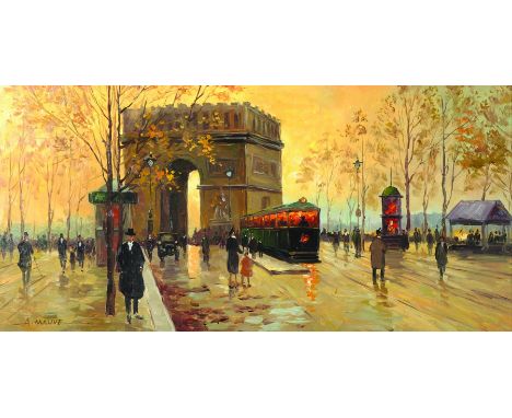 A... Mauve (20th Century) French Style. "An Autumn Day in Paris", Oil on Panel, Signed, 8" x 16".