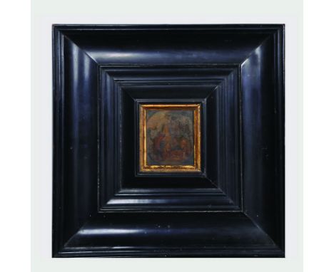 17th Century Dutch School. Figures Outside a Tavern, Oil on Panel, 3.75" x 3.25", in a Fine 17th Century Dutch Black Frame, e