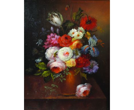 J... Gabriel (20th Century) Dutch Style. Still Life with Flowers in an Urn, Oil on Panel, Signed, 10" x 8".