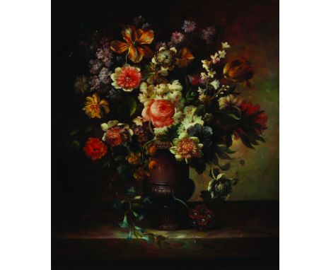 T... Fairfax (20th Century) Dutch Style. Still Life with Flowers in an Urn, Oil on Panel, Signed, 30" x 25".