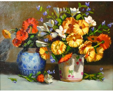 20th Century French School Style. Still Life with Flowers in Two Vases, Oil on Panel, 8" x 10".