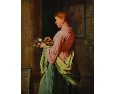 Robert William Wright (act.1870-1906) British. 'The Flowers Seller', Portrait of a Young Girl Selling Flowers, outside a Thea