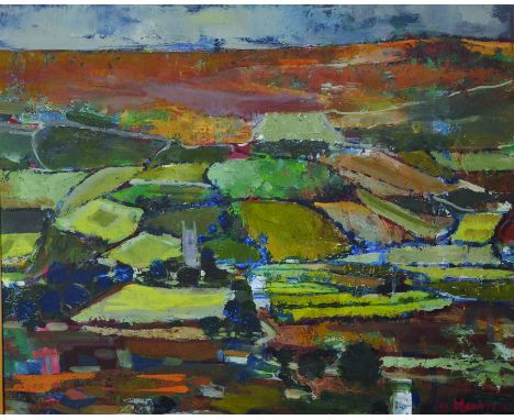 M... Laurence (20th Century) British. An Open Landscape, with a Church in the Distance, Oil on Board, Indistinctly Signed and