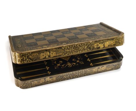 A CHINESE EXPORT LACQUER FOLDING GAMES BOARD, QING DYNASTY, MID 19TH CENTURY the chessboard exterior with gilt band enclosing