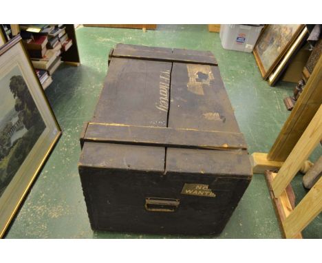 An early 20thc large lined travel trunk/crate with metal carry handles