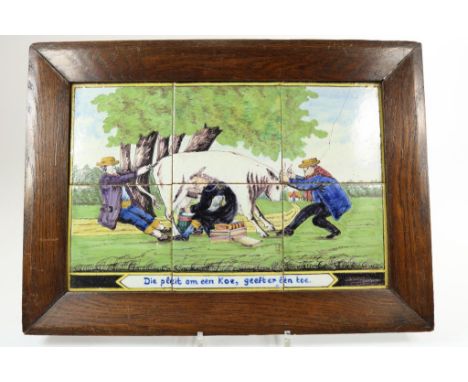 6-piece tile tableau with farmers and cow6 delig tegeltableau met boeren en koe met tekst: Die pleit om  een koe geeft er een
