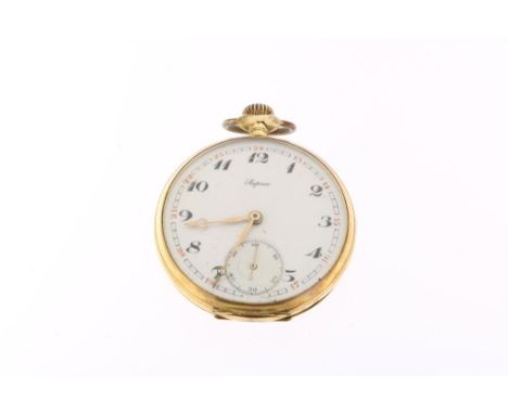 Rose gold pocketwatch, manual winding, 'Supra', seconds sub-dial,  white enamal dial with arabic numbers and pm hours in red,