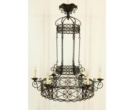 Wrought iron 6-light hanging crown with 6 short and 6 long suspension brackets, manufactured by Janus Dingemans (1874-1941), 