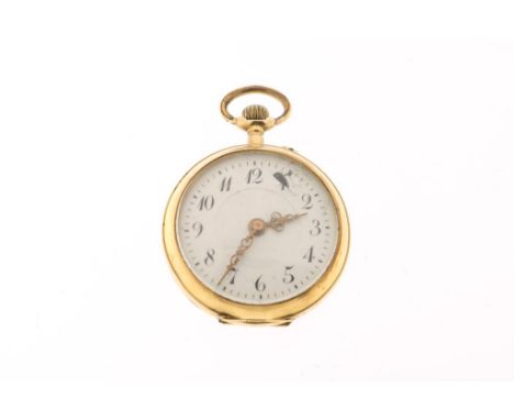 Rose gold lady's pocketwatch, ca. 1910, manual winding, 585/000,  gross w. 17.5 gr., case diameter 30 mm. Enameled dial is da