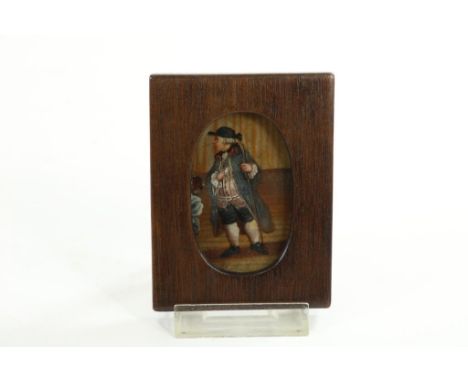 Unknown, approx., ca. 1800. figure with stick, behind glass painting 8 x 5 cm.Onbekend, onges., ca. 1800. figuur met stok, ac