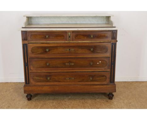 Mahogany laundry commode with marble top and 5 drawers, late 19th  century, h. 96, w. 110, d. 50 cm.Mahonie wascommode met ma
