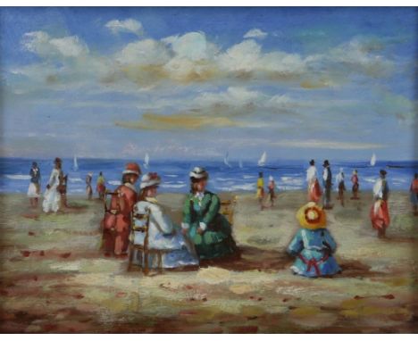 Unknown, unsig. Figures on the beach, panel 19 x 24 cm.Onbekend, onges.   Figuren op strand, paneel 19 x 24 cm.