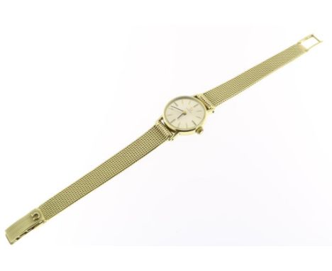Yellow gold lady's wrist watch, manual winding, Omega, De Ville,  with yellow gold strap, stamped Brevet, 585/000, gross w. i