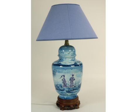 Pottery lamp base with chinois decor of 2 lady in landscap,  France, h. 58 cm.Aardewerk lampvoet met chinoise decor van 2 dam