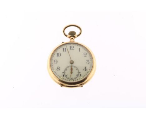 Rose gold lady's pocketwatch, manual winding, Galilee movement,  585/000, gross w. 21 gr., case diameter 30 mm.Roségouden dam