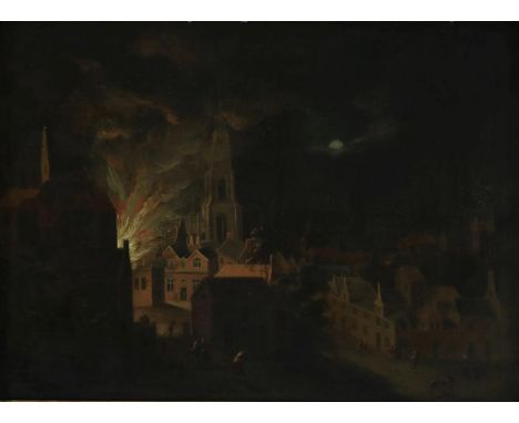 Unknown, nocturnal fire in a city, panel 33 x 45 cm.ONBEKEND, zonder signatuur, 18e/19e eeuw, nachtelijke brand in stad, pane