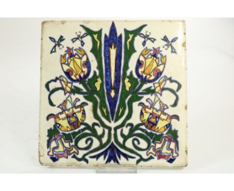 Polychrome Jugendstil Rozenburg tile with floral decor, marked: Rozenburg The Hague, no. H 159, 22 x 22 cm.Polychroom Jugends