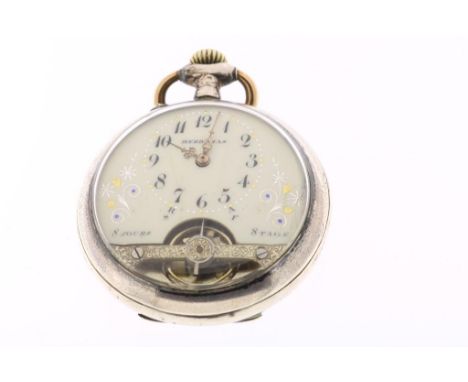 Silver pocket watch, manual winding, Hebdomas or 8-day movement  with visible pendulum, dial open in part and decorated with 