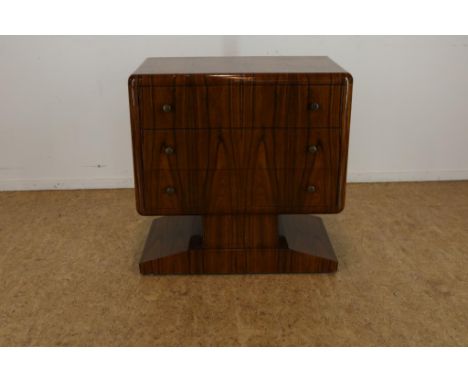 Palissander Art Deco-stijl commode met 3 laden op blokpoot  uitlopend in plateau, h. 80, br. 80, d. 45 cm.