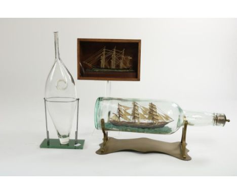 Set of divers scale models of schips in a bottle, England ca.  1830 &amp; ca. 1900 and Lymington Hants 1927 on copper stand.L