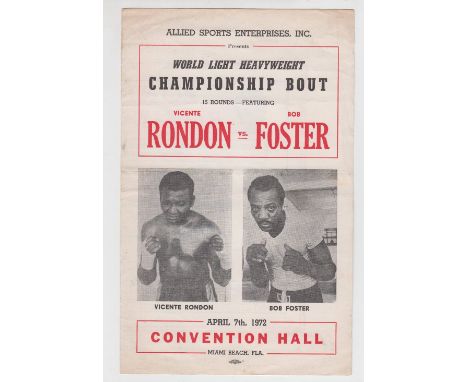 Boxing, scarce 4 page card programme from the Vicente Rondon v Bob Foster World Light Heavyweight Championship bout 7.4.1972 