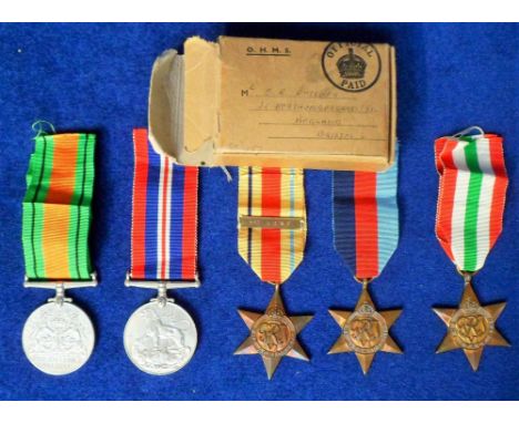 Militaria, a group of WW2 medals in a box marked Mr CR Butcher, with Bristol address. War Medal, Defence Medal, 39-45 Star, I