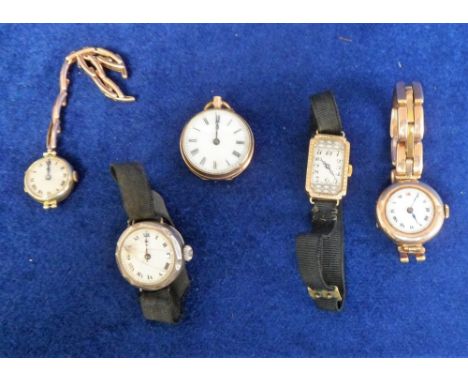 Watches, 5 antique watches. 9ct gold cased Victorian ladies pocket watch with decorative engraved back and blank cartouche, 9