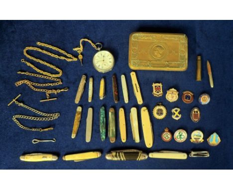 Collectables, a quantity of penknives (17 inc. 2 silver), an H E Peck pocket watch, rolled gold watch chain, a Princess Mary 