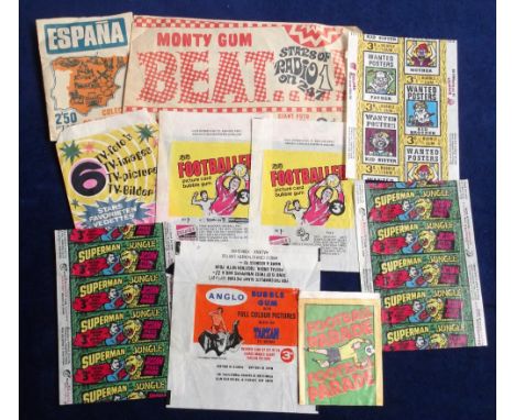 Trade card wrappers, a small collection of wax and paper wrappers inc. A&amp;BC Gum, Superman in the Jungle, (x2), Wanted Pos