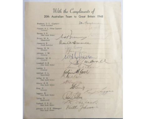 Cricket autographs, Australian Touring Test Team 1948, official printed sheet complete with 18 original signatures of the 20t