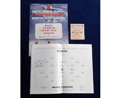 Football autograph, FA Cup Final 1953, Blackpool v Bolton, Matthews Final, programme, songsheet &amp; ticket, programme signe