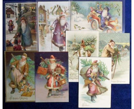 Postcards, Father Christmas, a collection of 8 Santa cards inc. 3 hold-to the light examples showing Santa in toy laden car w