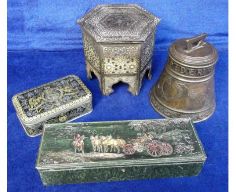 Collectables biscuit tins 4  Huntley and Palmers tins, Bell (bell shaped tin 'When ye doe ring I sweetly sing' 1912 good cond