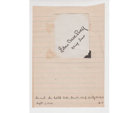 Scouting autograph, Baden-Powell, ink signature on clipped paper signed 'Robert Baden-Powell, Chief Scout' with certificate o