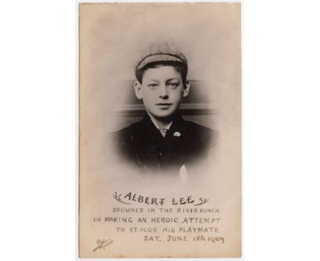 Postcard, Lancashire RP, Commemorative card for Albert Lee, drowned trying to save his friend 15 June 1907. (The deaths of Al