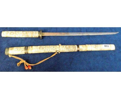 Collectables, Samurai Wakizashi sword in hand carved ornamental bone scabbard, bears signature just below hilt. Blade length 