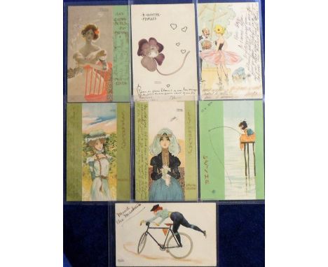Postcards, a collection of 7 Art Nouveau cards illustrated by R Kirchner inc. Les Parfums (2), Geisha, Les Cigarettes du Mond