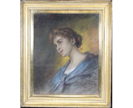 European School, Signed Portrait of a Young Woman. Pastel/paper. Indistinctly signed lower right. Housed in a gilt frame.Sigh