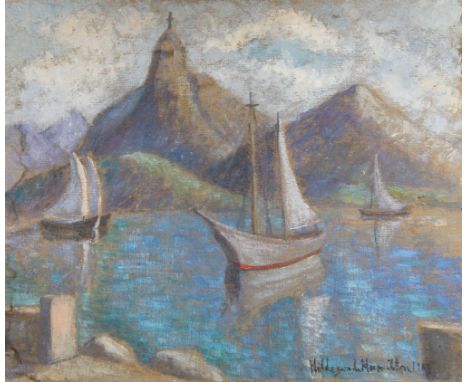 Hildegarde Hume Hamilton (Florida, Virginia, 1898 - 1970) Coastal Painting with Sailboats. Signed and dated lower right. Oil 