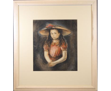 20th C. Portrait of a Young Girl. Appears to be unsigned. Mixed Media. Sight size:15 x 13 in. Overall Size: 26.5 x 24.5 in. F