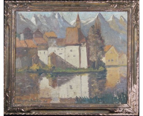 Hildegarde Hume Hamilton (1898 - 1970) Coastal Painting with Snow-capped mountinas in the background. Oil on canvas. Signed a