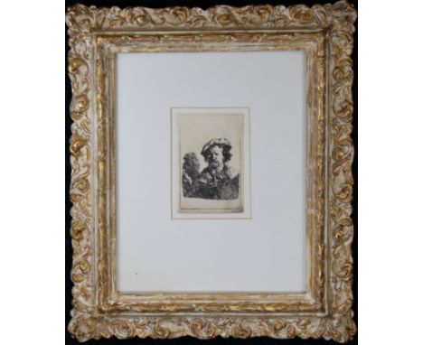 Framed Rembrandt Van Rijn Self Portrait Etching.Image Size: 3.75 x 2.5 in. Overall Size: 13.5 x 11.5 in. Framed behind glass.