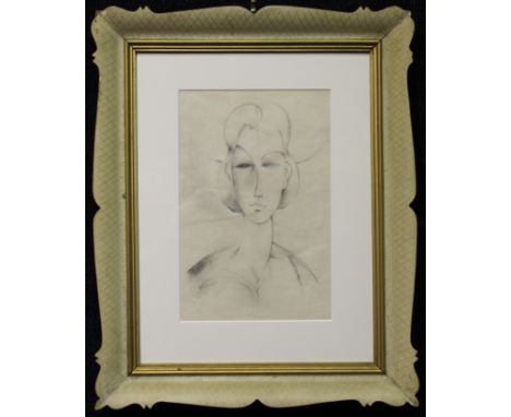 French School, 20th C. Portrait of a Woman. Graphite on paper. Sight Size: 11 x 7.25 in. Overall Size: 19.25 x 15.5 in. Frame